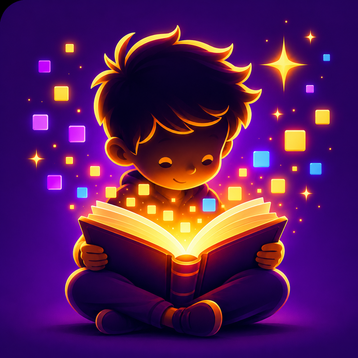 A child reading a glowing storybook under a dreamy night sky