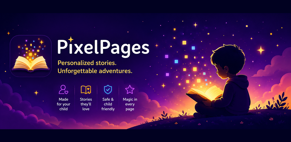 PixelPages illustrated banner with a child reading a glowing book